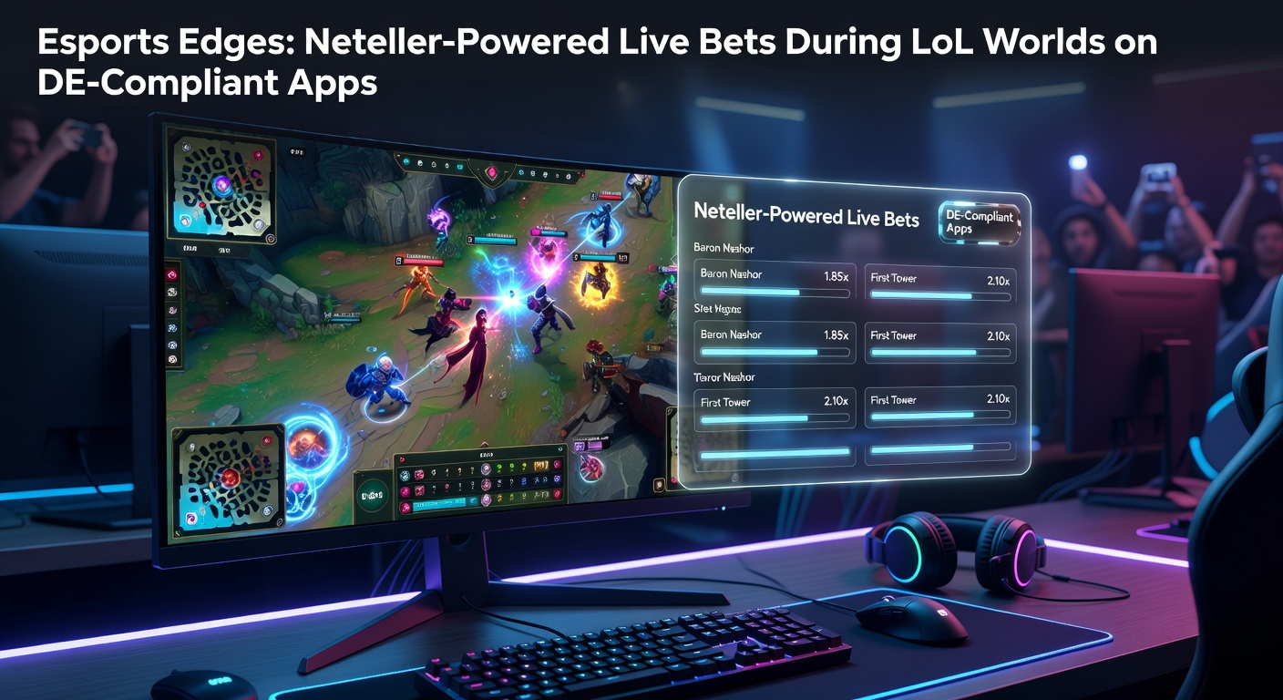 Erregende Szene aus den League of Legends Worlds mit Live-Wett-Action auf einem Smartphone-Display, das Neteller-Transaktionen zeigt