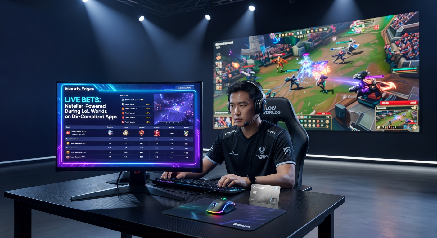 Neteller-App-Screenshot mit Echtzeit-Überweisung während eines LoL Worlds-Matches auf einer DE-lizenzierten Wettplattform