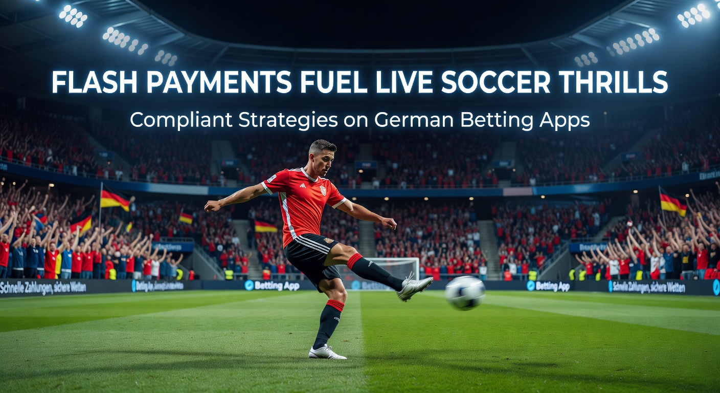 Fußballspieler in Action während eines Live-Matches mit Überlagerung von Wett-Apps und Blitz-Zahlungssymbolen